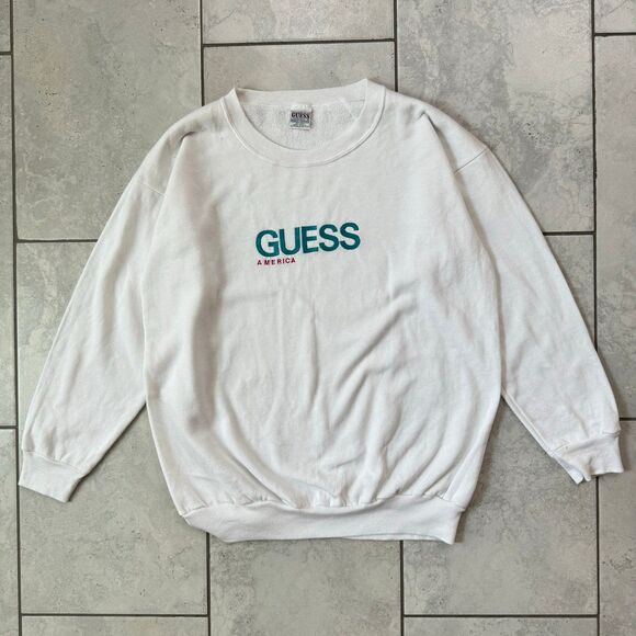 VINTAGE 80s Guess USA Sweatshirt One Size Oversize White Crewneck Spell Out Logo - Picture 1 of 7